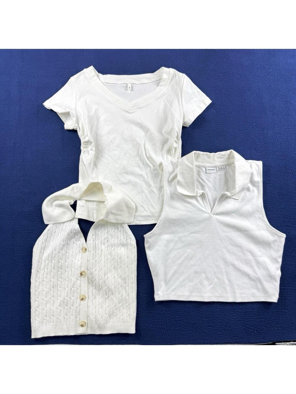 Women White Sleeveless Tops Crop Size S/M Y2K Knit Halter V-Neck Casual Bundle-3